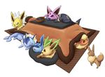 eevee espeon flareon glaceon jolteon kotatsu leafeon no_humans pokemon sleeping table umbreon vaporeon 
