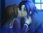  atori_mahiro blue_hair blush brown_hair green_eyes hiiro_no_kakera kasuga_tamaki kiss long_hair 
