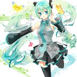  aqua_eyes aqua_hair bug butterfly detached_sleeves hatsune_miku headset insect kiisa long_hair musical_note necktie skirt solo thighhighs twintails very_long_hair vocaloid 
