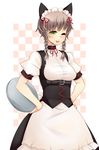  absurdres amane_suzuha animal_ears blush braid brown_hair cat_ears green_eyes hands_on_hips highres kou_(garakuta_teikoku) maid maid_headdress one_eye_closed open_mouth smile solo steins;gate tray twin_braids 