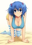  all_fours bad_id bad_pixiv_id bed blue_eyes blue_hair breasts chiro cleavage contemporary hair_bobbles hair_ornament hanging_breasts kawashiro_nitori large_breasts looking_at_viewer nail_polish no_hat no_headwear no_shoes on_bed revision short_hair shorts smile socks solo striped striped_legwear thighhighs touhou two_side_up white_legwear 