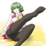  ascot crotch_seam feet green_hair kazami_yuuka leg_up legs pantyhose plaid red_eyes shirt short_hair smile solo supon thighband_pantyhose touhou 