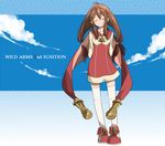  ahoge arms_behind_back blue_background blue_sky brown_hair cape closed_eyes cloud coat copyright_name dress facing_viewer full_body hairband halftone halftone_background lilka_eleniak long_hair low-tied_long_hair red_cape red_dress shoes short_dress sky smile solo standing thighhighs twintails white_legwear wild_arms wild_arms_2 yahata_hato zettai_ryouiki 
