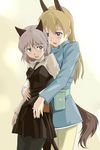  animal_ears aqua_eyes belt belt_pouch blonde_hair bob_cut couple eila_ilmatar_juutilainen hand_on_another's_stomach highres holding_hands hug hug_from_behind long_hair looking_back multiple_girls munmun necktie pantyhose pouch purple_eyes sanya_v_litvyak short_hair silver_hair simple_background skirt smile strike_witches tail world_witches_series yuri 