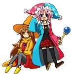  2girls blue_eyes brown_eyes brown_hair hat jester_cap jester_hat kirby kirby_(series) kirby_super_star kirby_super_star_ultra lowres multiple_girls nintendo personification pink_hair scepter simirror witch witch_hat 