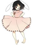  animal_ears bad_id bad_pixiv_id barefoot black_hair bunny_ears carrot carrot_necklace dress full_body hands_on_hips head_tilt inaba_tewi jewelry looking_at_viewer necklace one_eye_closed open_mouth pendant pink_usagi red_eyes short_hair short_sleeves simple_background solo touhou white_background 