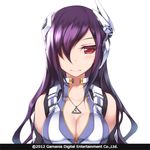  3: bad_id bad_pixiv_id blush breasts cleavage collarbone hair_over_one_eye jewelry large_breasts long_hair looking_at_viewer necklace power_dolls purple_hair red_eyes solo upper_body white_background zenn 