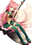  animal_ears borrowed_character bow butterfly_hair_ornament cat_ears cat_paws cat_tail forked_tail green_eyes green_legwear hair_ornament hair_ribbon ichijou_kokona katana long_hair multiple_tails original paws pink_hair reika_(clovia_studio) ribbon shirt skirt smile solo sword tail thighhighs very_long_hair weapon zettai_ryouiki 