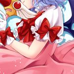  bat_wings blue_hair bow cardcaptor_sakura close-up cosplay fuuin_no_tsue glove_bow gloves head_out_of_frame irori kinomoto_sakura kinomoto_sakura_(cosplay) profile remilia_scarlet smile solo touhou wand white_gloves wings 