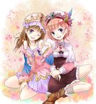  atelier_(series) atelier_rorona atelier_totori blue_eyes blue_sleeves boots brown_hair grey_eyes hat long_hair multiple_girls orange_hair rororina_fryxell ryokka short_hair sitting skirt smile star starry_background totooria_helmold 