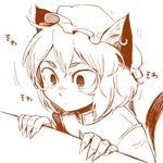  animal_ears brown cat_ears cat_tail chen claws daitai_konna_kanji earrings eyebrows fingernails hat jewelry long_fingernails monochrome multiple_tails peeking portrait short_hair single_earring slit_pupils solo tail thick_eyebrows touhou 