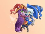  1girl bag blue_skin blush chibi downscaled dress gauntlets green_eyes handbag hat hug league_of_legends long_hair lulu_(league_of_legends) md5_mismatch purple_hair purple_skin resized short_hair striped veigar white_hair wince witch_hat yan531 yellow_eyes 