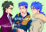  ahoge bespectacled black_hair blue_hair casual cigarette coat crossover cu_chulainn_(fate/prototype) edozakura fang fate/prototype fate/stay_night fate/zero fate_(series) glasses green_background green_hair lancer lancer_(fate/zero) long_hair male_focus multiple_boys ponytail red_eyes smoke wince 