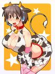  animal_ears animal_print bell bell_collar blush breasts brown_eyes brown_hair cleavage collar cow_bell cow_ears cow_horns cow_print cow_tail elbow_gloves gloves headset highres horns idolmaster idolmaster_cinderella_girls large_breasts nokoppa oikawa_shizuku pink_legwear short_hair skirt smile tail thighhighs 