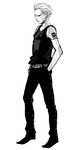  artist_request bare_shoulders belt greyscale hand_in_pocket jolly_roger male_focus monochrome nose_piercing persona persona_4 piercing scar simple_background sleeveless solo standing tatsumi_kanji tattoo white_background 
