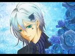  amnesia_(idea_factory) aqua_eyes blue_background blue_flower blue_rose flower hair_ornament hairclip hairpin ikki_(amnesia) male_focus necktie rose smile solo spade_(shape) spade_hair_ornament white_hair yakko0823 