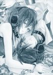  1girl akiyoshi_(tama-pete) bad_id bad_pixiv_id blue collar cuffs handcuffs headphones kaito looking_at_viewer looking_up meiko monochrome open_mouth short_hair vocaloid 