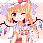  ;q arm_up ascot blonde_hair flandre_scarlet floral_background food fruit glass hat hat_ribbon kozakura_(dictionary) looking_at_viewer no_nose one_eye_closed parfait pink_background pocky pudding red_eyes ribbon shirt short_hair short_sleeves side_ponytail solo spoon strawberry syrup tongue tongue_out touhou upper_body vest whipped_cream wings 