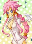  blue_eyes braid breasts disgaea long_hair makai_senki_disgaea_4 naked_shirt pink_hair shirt vulcanus_(disgaea_4) wings 