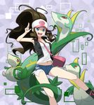  absurdres bag baseball_cap blue_eyes breasts brown_hair denim denim_shorts gen_5_pokemon hat highres jinteitei legs long_hair midriff navel pokemon pokemon_(creature) pokemon_(game) pokemon_bw ponytail servine shorts small_breasts snivy touko_(pokemon) vest 