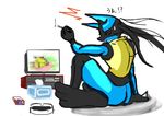  absurdres ashtray bad_id bad_pixiv_id censored cigarette coo2 gen_4_pokemon highres identity_censor lucario no_humans pokemon pokemon_(creature) red_eyes solo tissue_box watching_television 