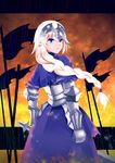  armor armored_dress blonde_hair blue_eyes boxelder braid capelet dress fate/apocrypha fate/zero fate_(series) flag gauntlets headpiece jeanne_d'arc_(fate) jeanne_d'arc_(fate)_(all) long_hair single_braid solo sword weapon 