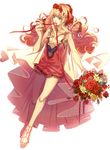  bad_id bad_pixiv_id blonde_hair blue_eyes bouquet breasts cleavage dress flower jewelry katsu_ryouji long_hair macross macross_frontier medium_breasts mouth_hold ribbon ribbon_in_mouth sheryl_nome single_earring single_thighhigh smile solo thighhighs 