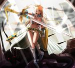  armor bare_shoulders blonde_hair boots breasts cape cleavage code_of_princess huge_breasts iwanishi long_hair shield solange_blanchefleur_de_luxe solo sword tiara weapon 