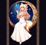  animal_ears barefoot bird blonde_hair brown_eyes dress feet fox_ears fox_tail konshin long_hair original solo tail 