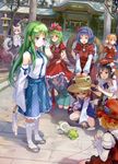  77gl aki_minoriko aki_shizuha animal_ears black_hair blonde_hair blue_eyes blue_hair bow camera closed_eyes detached_sleeves everyone frog frog_hair_ornament front_ponytail gohei green_eyes green_hair hair_bow hair_ornament hair_tubes hat highres inubashiri_momiji kagiyama_hina kawashiro_nitori kochiya_sanae long_hair moriya_suwako mountain_of_faith multiple_girls pointy_ears red_eyes sandals shameimaru_aya short_hair skirt smile snake stone_lantern string_phone tail tokin_hat touhou white_hair white_legwear wolf_ears wolf_tail yasaka_kanako 