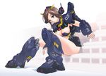  blue_eyes blush breasts brown_hair giantess gundam gundam_mk_ii looking_at_viewer mecha_musume medium_breasts mori_chu personification sitting solo zeta_gundam 