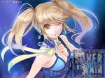  artist_name blonde_hair blue_flower blue_rose brown_eyes copyright_name earrings finger_to_mouth flower jewelry kuroba.k neck_ribbon one_eye_closed ribbon ring rose silver_rain smile solo twintails 