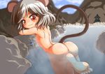  animal_ears ass back barefoot bath bontoro brown_eyes censored convenient_censoring feet flat_chest from_behind grey_hair jewelry looking_back mouse_ears mouse_tail nazrin nude onsen pendant short_hair smile solo stone_lantern tail touhou water 