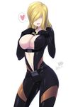  blonde_hair bodysuit breast_suppress breasts butter-t center_opening cleavage cowboy_shot hair_over_eyes heart large_breasts rachael_foley resident_evil resident_evil_revelations solo spoken_heart 