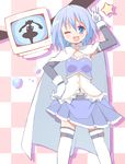  9law ;d armband blue_eyes blue_hair cape gloves h.n.elly_(kirsten) highres magical_girl mahou_shoujo_madoka_magica md5_mismatch miki_sayaka one_eye_closed open_mouth smile solo soul_gem television thighhighs v witch's_labyrinth zettai_ryouiki 