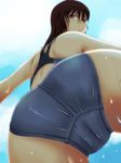  ass brown_eyes brown_hair competition_swimsuit from_below looking_back looking_down lost_july one-piece_swimsuit original perspective solo swimsuit water wet 