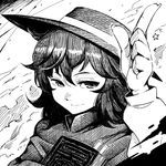  book crosshatching daitai_konna_kanji face greyscale hat light_smile long_sleeves looking_at_viewer monochrome pointing portrait solo touhou usami_renko 