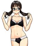  black_hair blue_eyes bra glasses kawazu lingerie navel original panties solo twintails underwear underwear_only white_background 