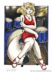  arctic_fox blonde_hair canine dress drum_kit drumsticks female fox hair jennifer_l_anderson mammal sitting solo 