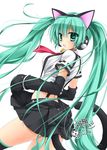 2012 adapted_costume animal_ears bell bell_collar cat_ear_headphones cat_ears cat_tail collar dated detached_sleeves fake_animal_ears green_eyes green_hair hatsune_miku headphones jingle_bell kanna_satsuki long_hair looking_back nyan_ko_(module) project_diva project_diva_(series) simple_background skirt skirt_hold solo suspenders tail thighhighs twintails very_long_hair vocaloid white_background 