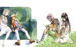  2girls barefoot barefoot_sandals capelet carving couch horns ico ico_(character) mono multiple_boys multiple_girls shadow_of_the_colossus sleeping wander yorda 