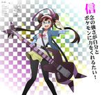  1girl absurdres bass_guitar bespectacled blue_eyes brown_hair checkered checkered_background double_bun electric_guitar glasses guitar highres instrument jinteitei kyouhei_(pokemon) long_hair mei_(pokemon) pantyhose pokemon pokemon_(game) pokemon_bw2 raglan_sleeves shorts translated twintails visor_cap 