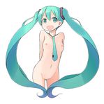 :d aqua_eyes aqua_hair arms_behind_back breasts cleft_of_venus hatsune_miku long_hair looking_at_viewer nakashino_setsu nipples nude open_mouth simple_background small_breasts smile solo twintails uncensored very_long_hair vocaloid white_background 