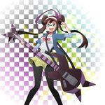  bass_guitar bespectacled blue_eyes brown_hair checkered checkered_background double_bun electric_guitar glasses guitar highres instrument jinteitei long_hair mei_(pokemon) pantyhose pokemon pokemon_(game) pokemon_bw2 raglan_sleeves shorts solo twintails visor_cap 