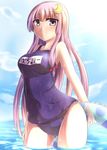  blush breasts caustics covered_navel crescent crescent_hair_ornament day hair_ornament hair_ribbon hand_on_thigh holding long_hair medium_breasts name_tag one-piece_swimsuit patchouli_knowledge purple_eyes purple_hair ram_hachimin ribbon school_swimsuit sky solo swimsuit touhou wading water 
