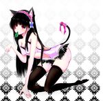  animal_ears bad_id bad_pixiv_id black_hair bow breasts cat_ears cat_tail flower hair_flower hair_ornament hairband hydrangea leaf long_hair luoz mouth_hold red_eyes sanka_rea sankarea small_breasts tail tail_bow thighhighs 