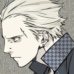  blonde_hair brown_eyes earrings face houndstooth jacket jewelry male_focus mat070 nose_piercing persona persona_4 piercing profile scar school_uniform solo tatsumi_kanji 