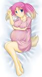  1girl audino bed big_breasts blue_eyes blush breasts clothed clothing female hair looking_at_viewer nintendo personification pink_hair pok&#233;mon pokemon pregnant solo unknown_artist video_games 