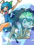  &gt;_&lt; antennae blue_hair cape cirno closed_eyes dress green_eyes green_hair ice luft multiple_girls tears touhou wriggle_nightbug 