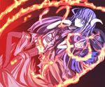  adapted_costume black_legwear blue_eyes closed_mouth crescent crescent_hair_ornament dress expressionless fire flame hair_ornament long_hair long_sleeves looking_at_viewer patchouli_knowledge purple_dress purple_hair solo tewisoku thighhighs touhou very_long_hair zettai_ryouiki 